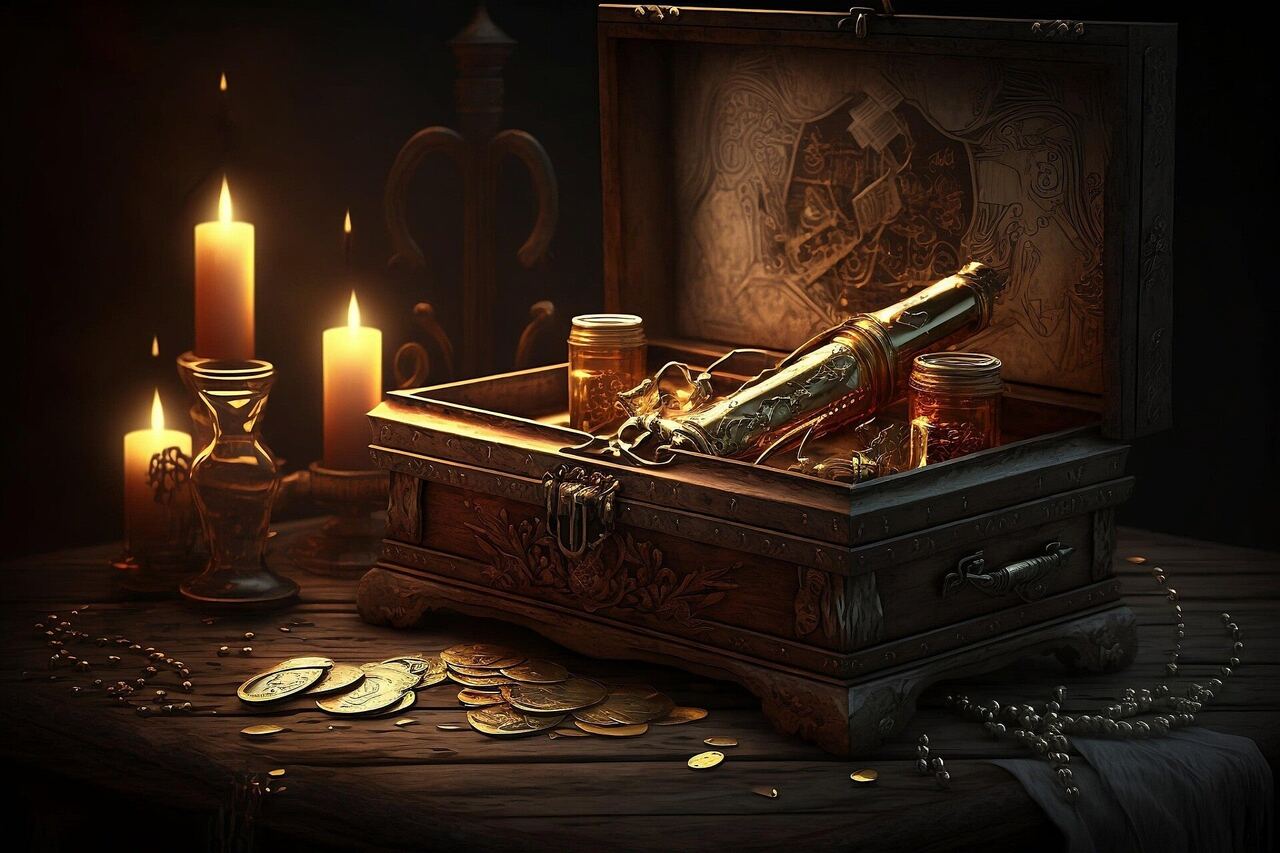 An open carved wooden chest holding old treasures, with gold coins and pearls on the table beside lit candles