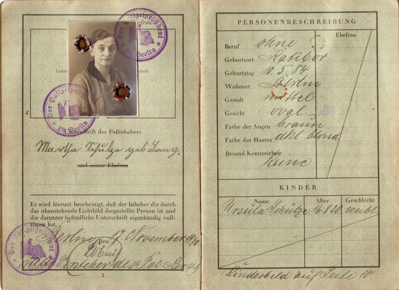 An old passport open at the page with a small portrait photograph, handwritten details and purple stamps